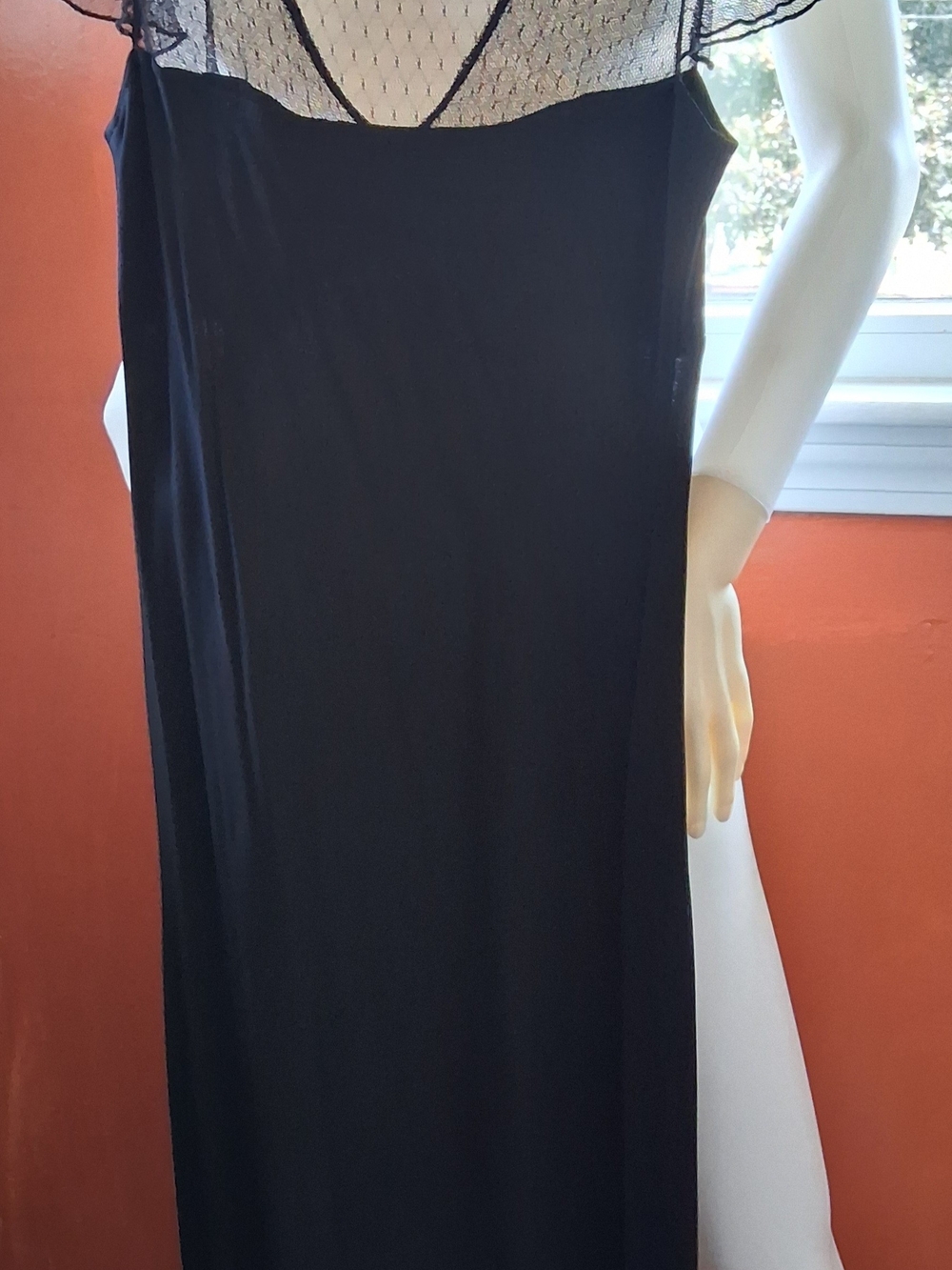 Black Slip Dress with Sheer Lace Yoke